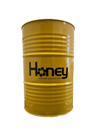 Fût de 300kg d'un Miel de Nouvelle-Zélande avec couleur jaune écrit Honey PURE NEW ZEALAND HONEY