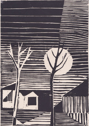 Holzschnitt 1953, Mond über dem Dorf, 28 x 20 cm