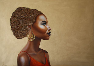peinture-hyperrealisme-femme-africaine-or-rouge-portrait-coiffure-afrique-roussel-meric
