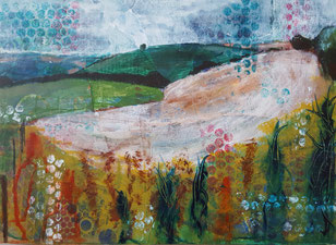 "Winklebury Hill and the Witches Broom" 26.2 x 36.5cm, mixed media on cradled board. WHatWB01mm. 