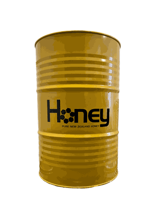 Fût de 300kg d'un Miel de Nouvelle-Zélande avec couleur jaune écrit Honey PURE NEW ZEALAND HONEY