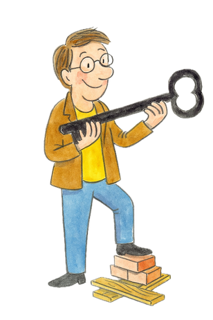 Ein Mann trägt einen großen Schlüssel und steht auf Backsteinen – Symbol für das Elternhaus als Schlüssel zur finanziellen Bildung in der Familie, unterstützt durch bricklebrit.