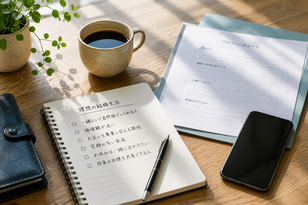 「理想の結婚生活」を書き出したノートとコーヒーのイメージ。条件だけでなく居心地の良さを大切にし、等身大で向き合う婚活。
