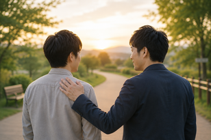 悩む会員の背中にそっと手を添えて一緒に歩む仲人のイメージ。空のベンチの強みである「一人で抱え込ませない」手厚い伴走サポート。