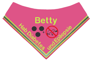Bestickt mit Name,  Blindenpunkte und NICHT Füttern Symbol  Text: Hab Diabtes und Epilepsie