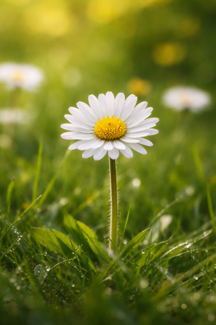 Gänseblümchen (Bellis perennis) mit weißen Blütenblättern und gelber Mitte auf einer Frühlingswiese im natürlichen Sonnenlicht.