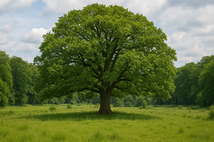 Ausgewachsene Stieleiche (Quercus robur) in einem lichten Auenwald-ähnlichen Habitat