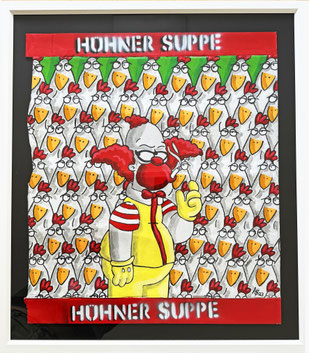 Divo Santino - Hühner-Suppe - Handgemaltes Pop-Art Kunstwerk, 80x100 cm, Acryl auf Leinwand, humorvolles Motiv mit Clown und Hühner-Armee.