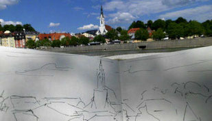 Skizzenbuch mit Skizze von Bad Tölz, Hintergrund Bad Tölz