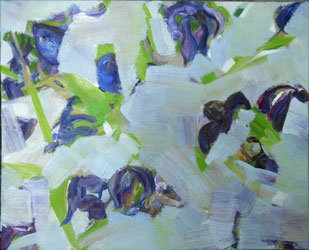 Tulpenbild, abstrakt, blüten blau, blätter grün, grauer hintergrund