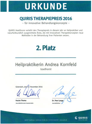 Urkunde für den 2. Platz beim Quiris-Therapiepreis 2016