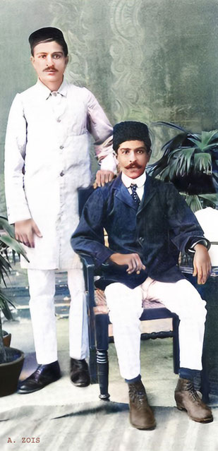  Merwan ( left ) with his older brother Jamshed in Poona in 1916.  Image rendered by Anthony Zois.