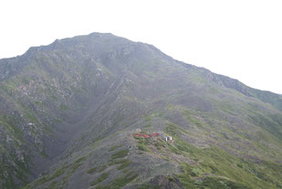 西農鳥岳への登りより間ノ岳・農鳥小屋を望む