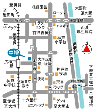 中増の地図，本町通りと駅前通りの角，駐車場完備，神戸町