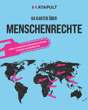 Das Cover von "64 Karten über Menschenrechte" zeigt eine Weltkarte, darüber kleine Symbole von Kettensägen.