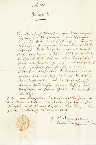 Schulzeugnis von Friedrich Miescher-His, ausgestellt am Gymnasium Biel 1827. Foto: Universitäts-Bibliothek Basel, NL 102: A Xia