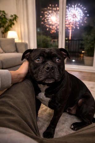 Staffordshire Bull Terrier Capodanno fuochi artificio