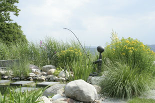 Skulptur, Trittplatten, Schwimmteich, Wasser im Garten, Ziergräser