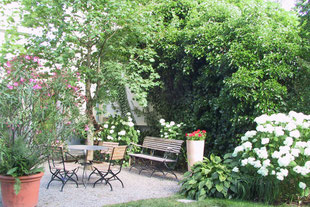 Funkien, Hosta, Oleander, Kiesplatz, Sitzbank im Garten