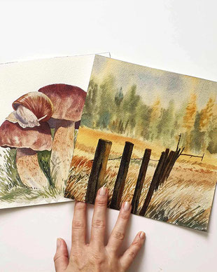 Herbst Aquarell, Blätter malen, Pilze mit Aquarellfarben malen, Wald Aquarell, Eicheln malen, Fliegenpilz malen, Natur mit Aquarellfarben, wie malt man mit Aquarellfarben, kostenloser Malkurs Aquarell, Illustration Berlin, Food Illustration Berlin