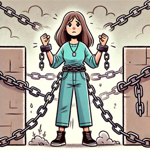 Comic Bild, Frau in Ketten, schaut traurig aus.
