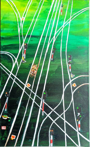 Kritische Darstellung der Deutschen Bahn in 'Chaos in Grün', ein Gemälde, das die Diskrepanz zwischen umweltfreundlicher Werbung und der Realität von maroden Infrastrukturen und Baustellen aufzeigt, symbolisch für den Krisenmodus des Bahnnetzes.