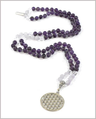 Mala Ananta mit Amethyst und Bergkristall mit Blume des Lebens