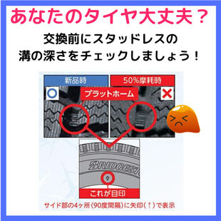 冬用タイヤの交換目安となるスタッドレスタイヤのプラットホーム解説写真。新品時と50パーセント摩耗時の違いを比較し、サイド部4ヶ所にある矢印を基準に溝の深さをセルフチェックする重要な点検手順を説明しています。
