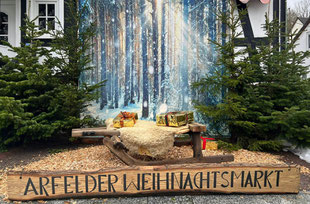 Dekorative Fotokulisse/Fotopoint am Arfelder Weihnachtsmarkt mit Holzschild, Schlitten, Hintergrundbild und Tannenbäumen.