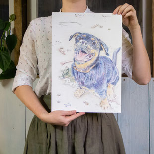 Vrouw houdt tekening van een hond vast op A3 formaat.