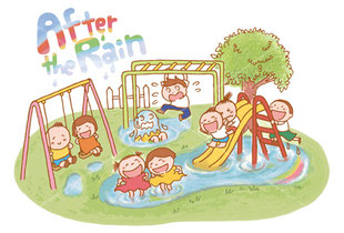 雨上がりの公園で遊ぶ子供達