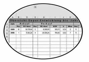 Bild: Übersicht, Zusammenfassung der Aktien pro Jahr,  Performance und Rendite,  Diagramm, Chart, Historie