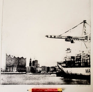 Wandbild Geschenk Originalkunst Hamburg Stadtansicht mit Elbphilharmonie Michel Hafenkränen Containerschiff