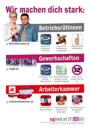 Plakat: Wir helfen dir: BetriebsrätInnen, Gewerkschaften, Arbeiterkammer