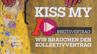 Gustav Klimts Gemälde "Der Kuss" mit der Aufschrift: Kiss My A...rbeitsvertrag