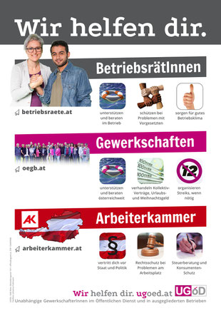 Plakat: Wir helfen dir: BetriebsrätInnen, Gewerkschaften, Arbeiterkammer