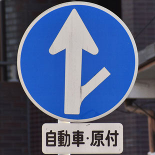 異形矢印標識(指定方向外進行禁止)。愛知県名古屋市昭和区塩付通２交差点南にある。