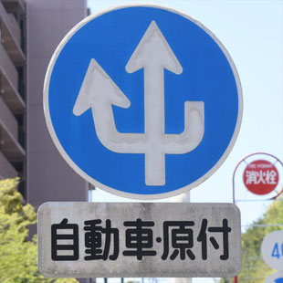 異形矢印標識(指定方向外進行禁止)。愛知県豊田市平芝町７丁目交差点西にある。