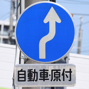 異形矢印標識(指定方向外進行禁止)。愛知県豊田市平芝町７丁目交差点西にある。
