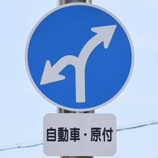 異形矢印標識(指定方向外進行禁止)。愛知県瀬戸市追分交差点にある。