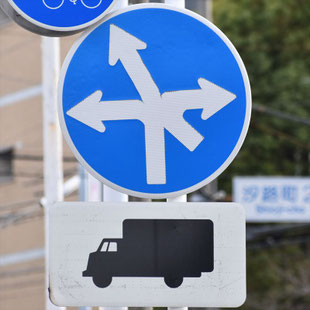 異形矢印標識(指定方向外進行禁止)。愛知県名古屋市瑞穂区汐路町２交差点にある。
