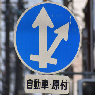 異形矢印標識(指定方向外進行禁止)。愛知県名古屋市昭和区滝子交差点にある。