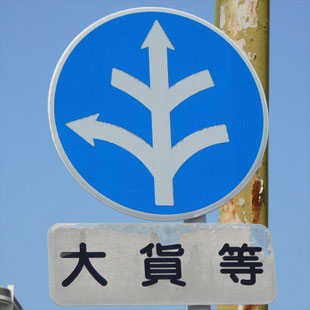 異形矢印標識(指定方向外進行禁止)。愛知県豊橋市大手橋南交差点にある。