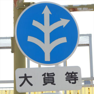 異形矢印標識(指定方向外進行禁止)。愛知県豊橋市大手橋南交差点にある。