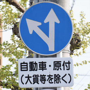 異形矢印標識(指定方向外進行禁止)。愛知県豊田市曙町２丁目交差点にある。