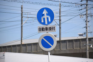 異形矢印標識(指定方向外進行禁止)。愛知県豊田市平芝町７丁目交差点西にある。