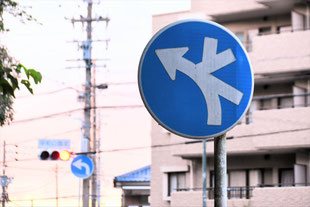 異形矢印標識(指定方向外進行禁止)。愛知県名古屋市千種区平和公園北交差点にある。