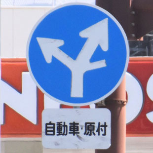 異形矢印標識(指定方向外進行禁止)。愛知県名古屋市熱田区白鳥橋東交差点にある。