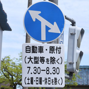 異形矢印標識(指定方向外進行禁止)。愛知県瀬戸市水無瀬交差点にある。
