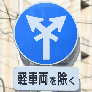 異形矢印標識(指定方向外進行禁止)。福岡県福岡市博多区水車橋西詰にある。